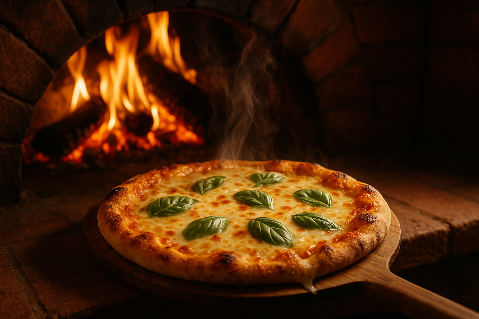 Pizza de muçarela saindo do forno a lenha aceso, com a massa borbulhando e as brasas em brasa ao fundo